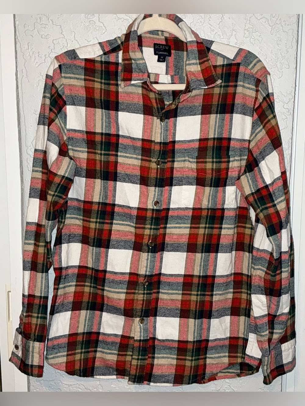 J. Crew Plaid Flannel Button-Down Shirt in Red, Green & Cream